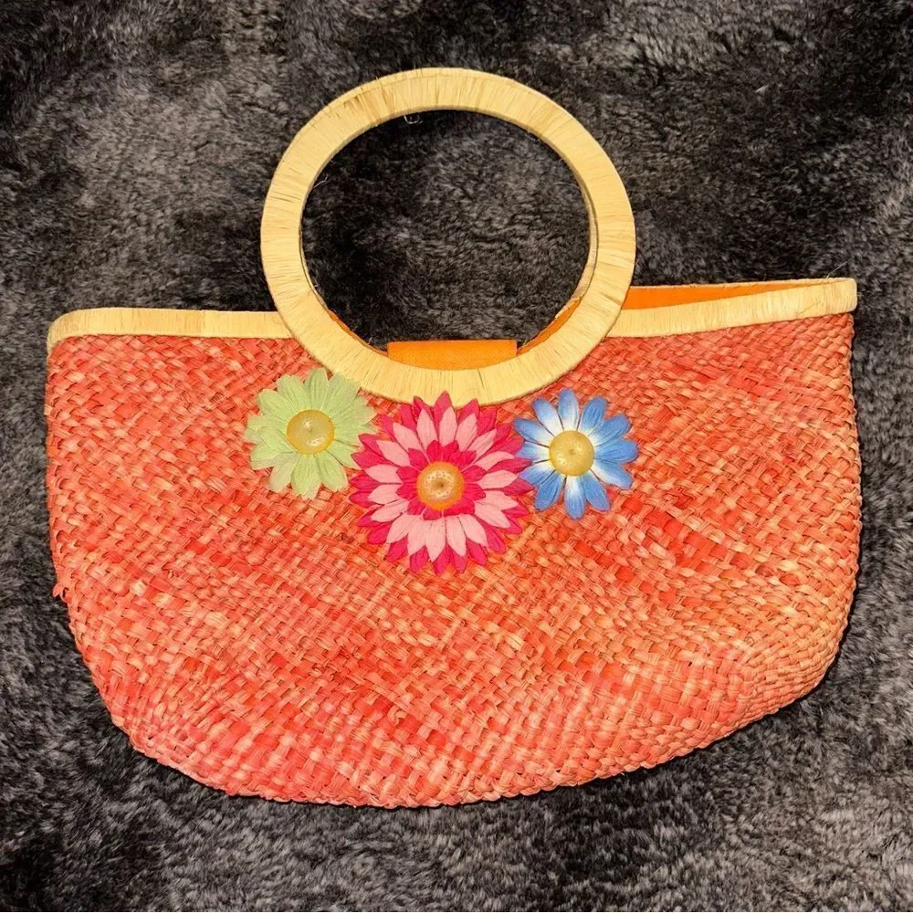 VTG Marld Orange Woven Straw Floral Medium Sz Handbag Bohemian Retro Spring 90s - Picture 2 of 9